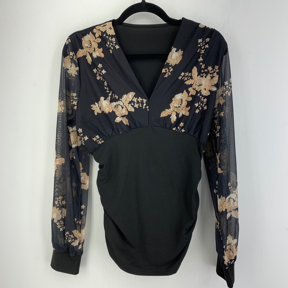 Black Floral V-Neck Top Sheer Mesh Whimsigoth Fairycore Ruched Womens Meduium